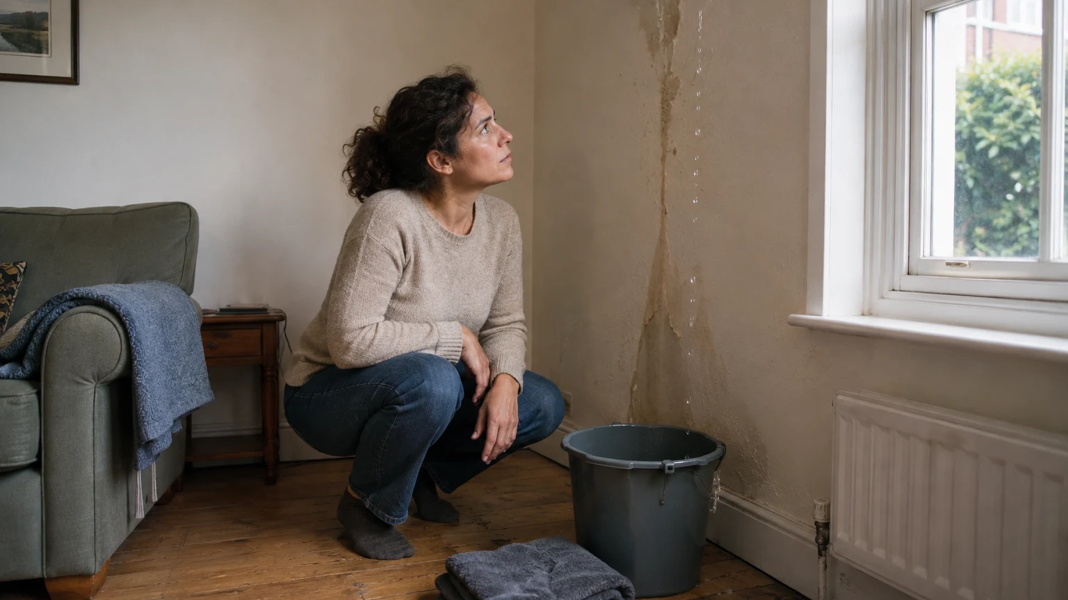 A woman crouches beside a bucket and towels beneath a leaking, water-stained wall in her living room.