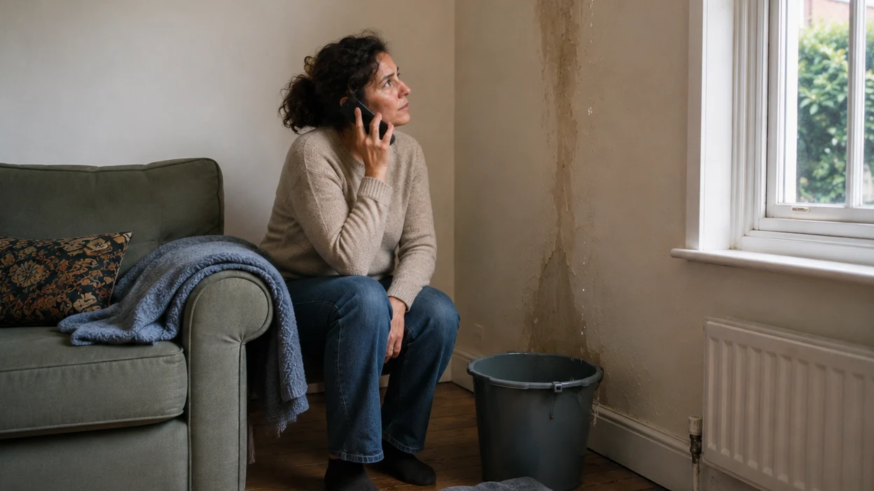 The woman calls for help from the sofa beside the water-damaged wall and bucket.