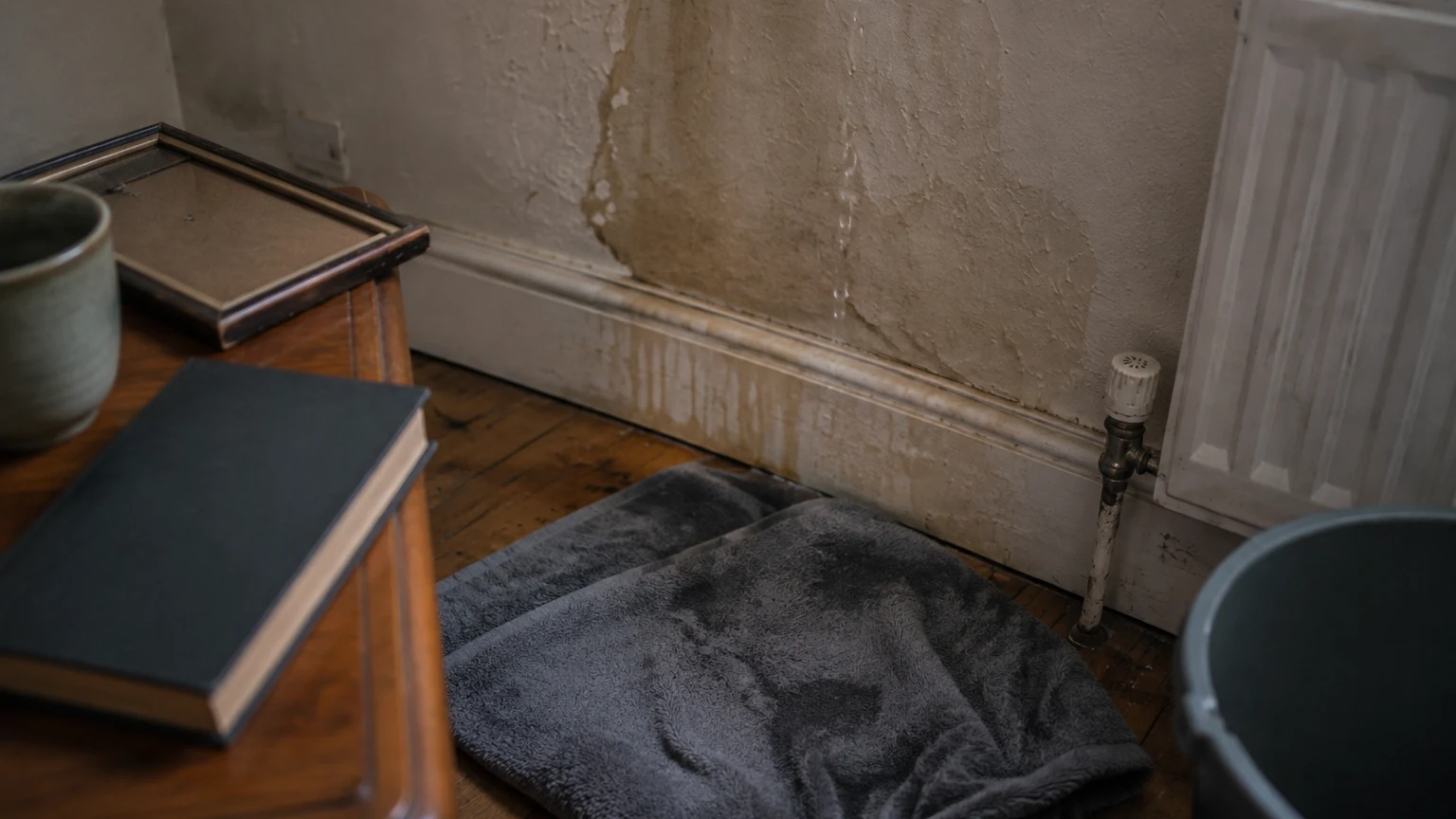 Water-stained plaster and skirting above a wet towel, with everyday belongings moved aside.