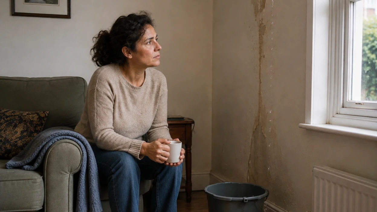 The woman waits with a mug in her hands while water damage remains unresolved.