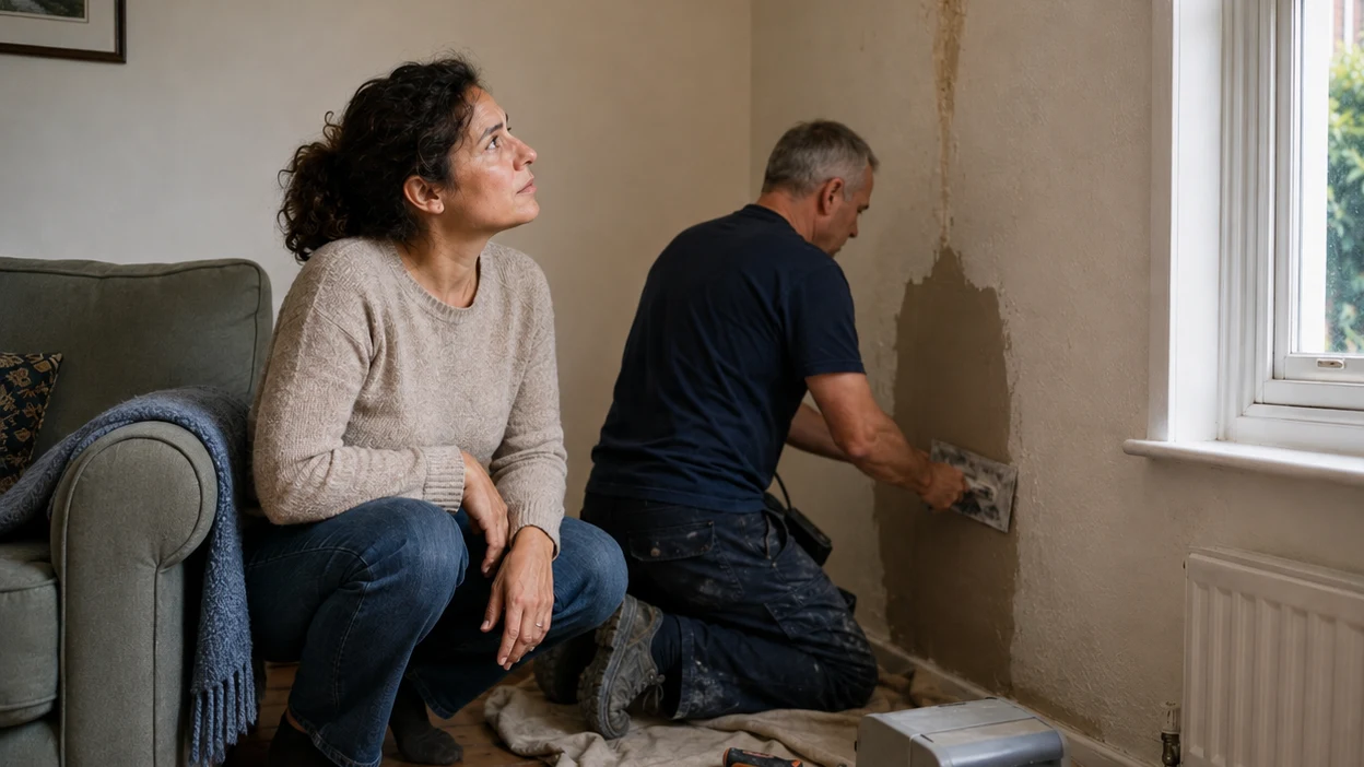 The woman remains in her living room while a contractor repairs the damaged plaster.