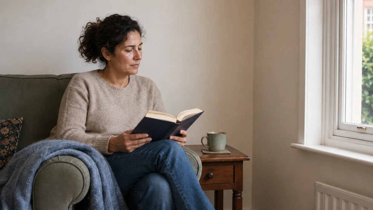 The woman reads beside a mug in her restored living room.