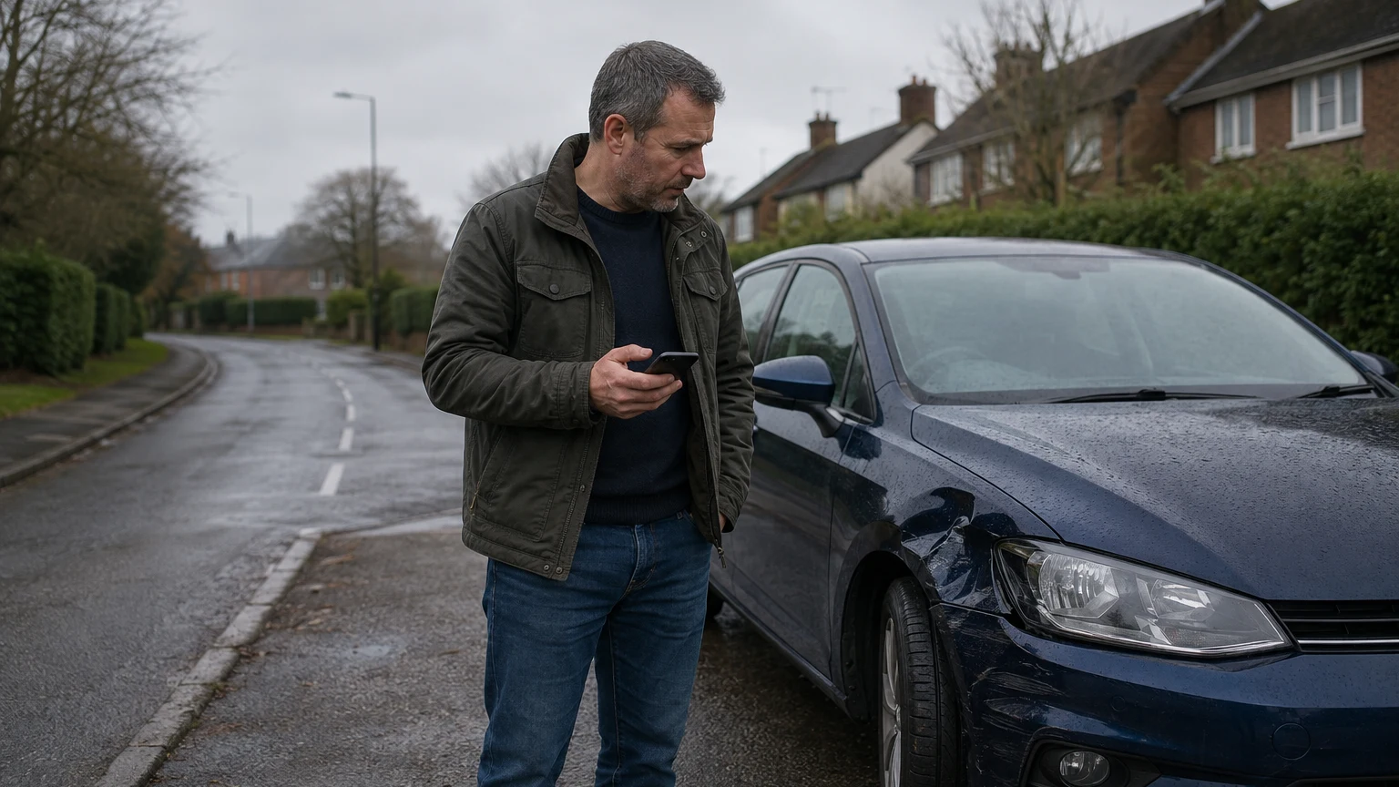 A man holding his phone beside a rain-covered car with a damaged front wing on a British residential road.