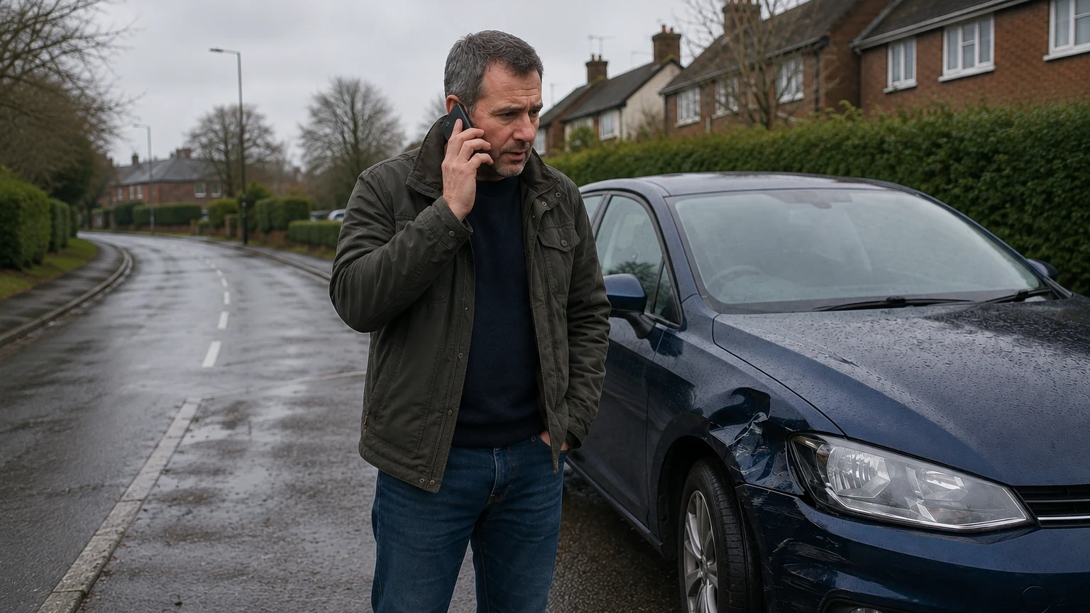 The same man calls for help beside his damaged car.
