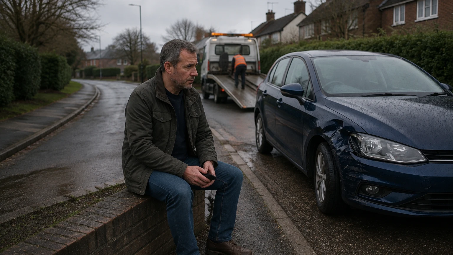 The man waits on a low wall while a recovery worker prepares a truck behind him.