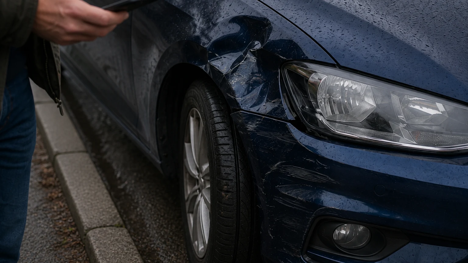 Raindrops and scrape marks on the car's dented front wing beside its headlight.