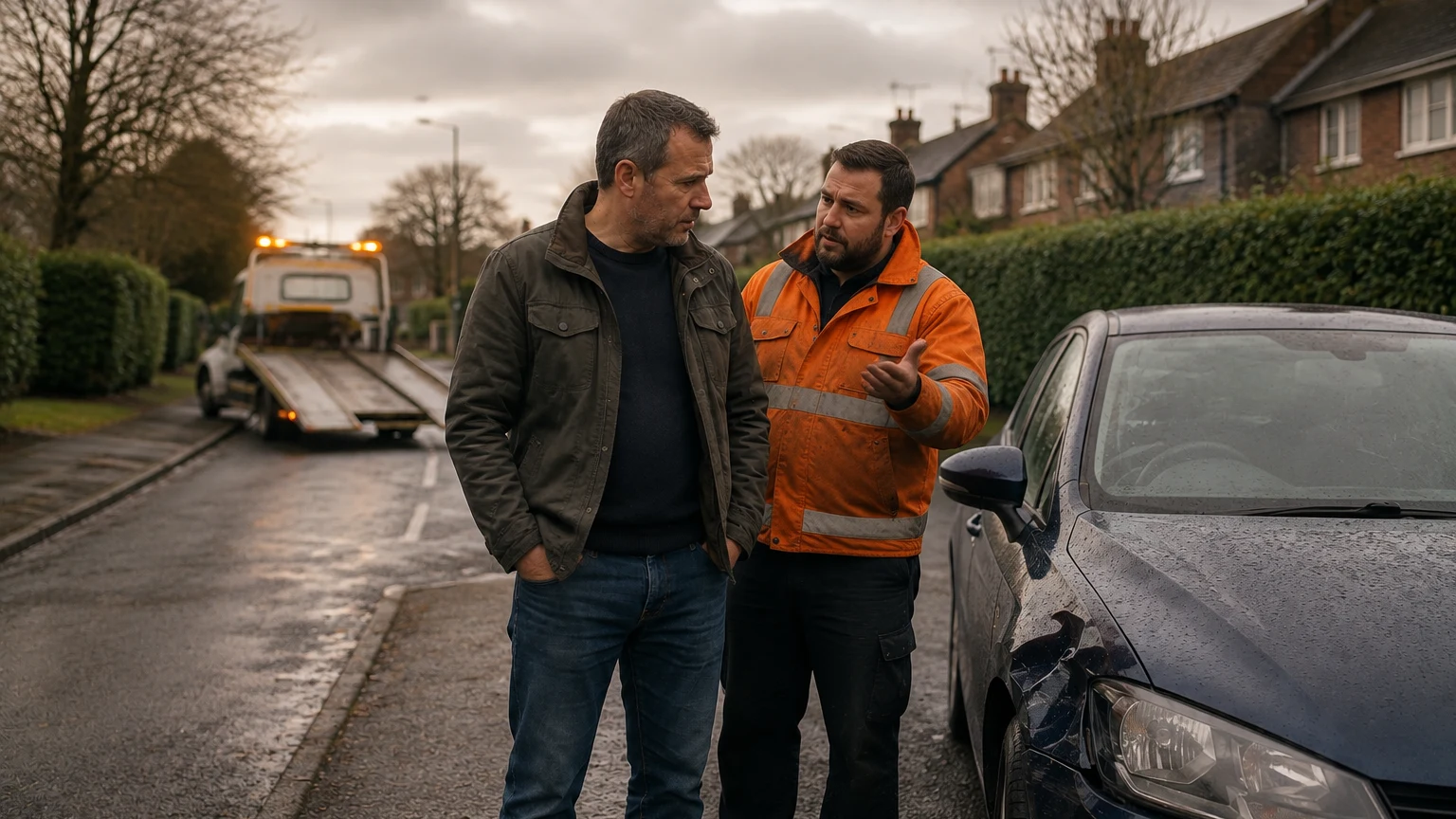 The man listens to a recovery worker explaining the next step beside his car.
