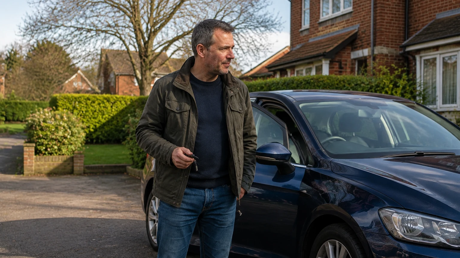The man holds his keys beside his repaired car, ready to resume an ordinary journey.